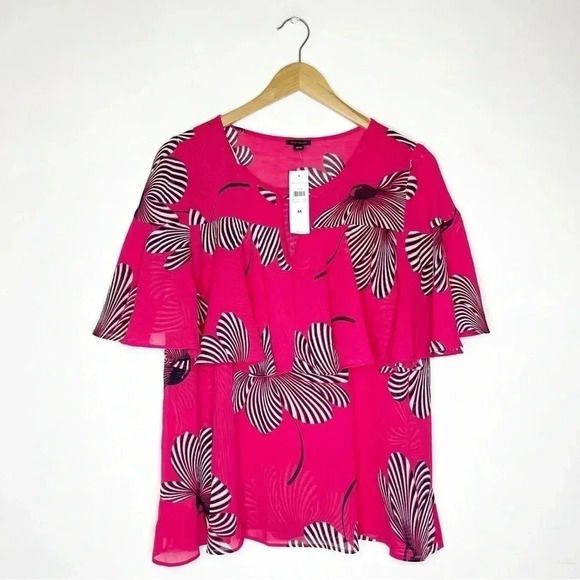 Ann Taylor Tropical Pink Floral Tiered Ruffle Top Blouse  Size Medium NWT - Picture 1 of 7